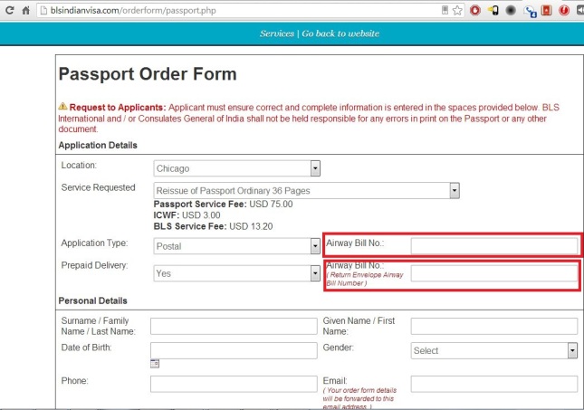 BLS Passport order form